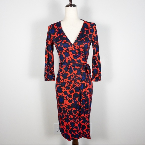Diane Von Furstenberg Julian Silk Jersey Wrap Dress Cheetah Floral Blue and Red - Picture 3 of 14